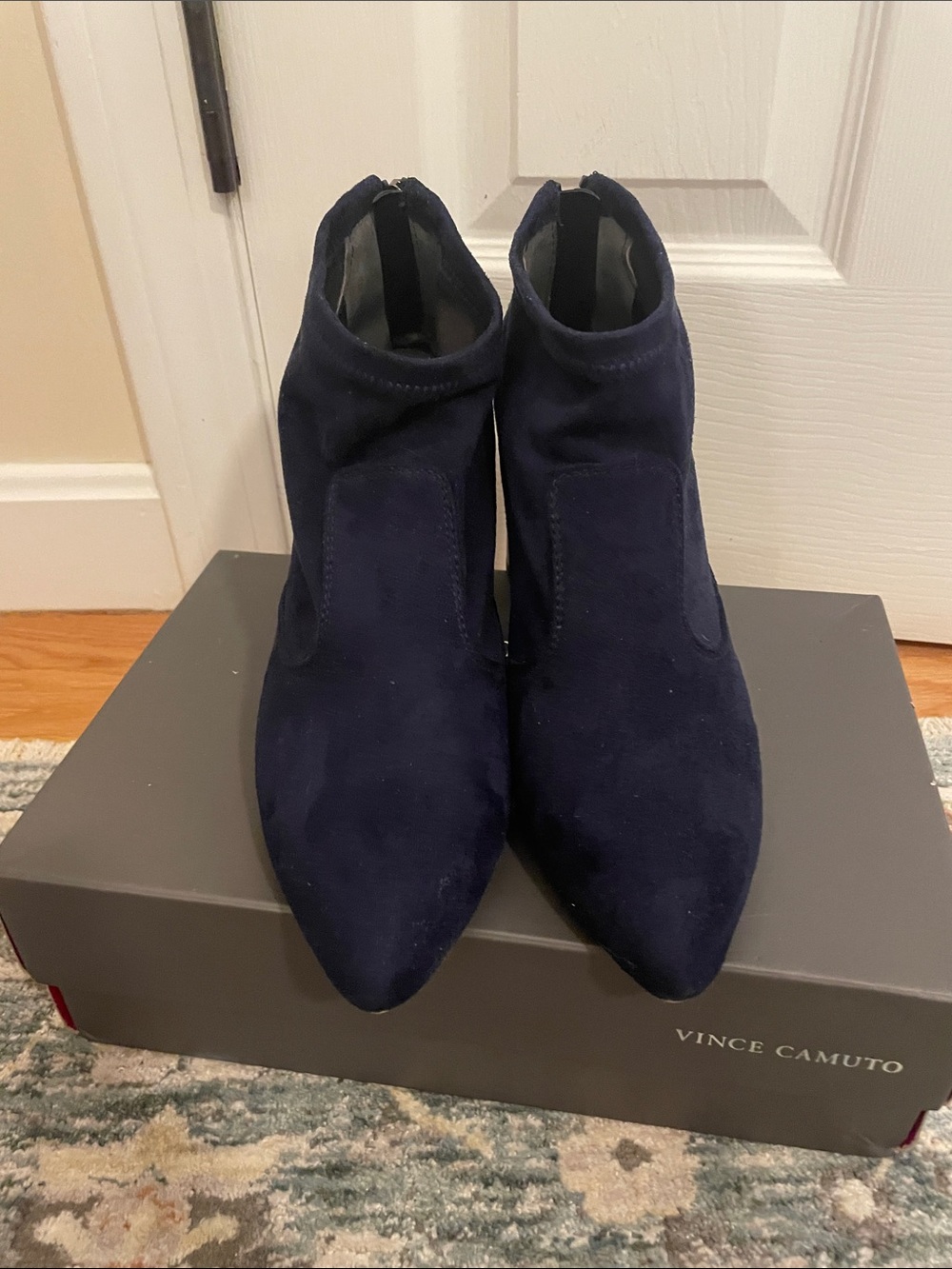 Franco Sarto Navy Suede Pointed Toe Ankle Booties
